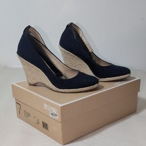 Michael Kors Meg Wedge Navy Canvas Espadrille Sandals Size 7